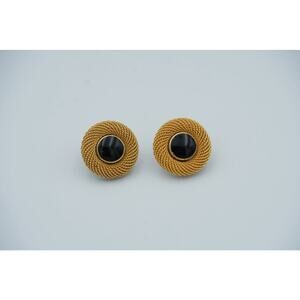 Vintage Anne Klein Gold Tone Rope Edge Black Cabochon Stud Earrings